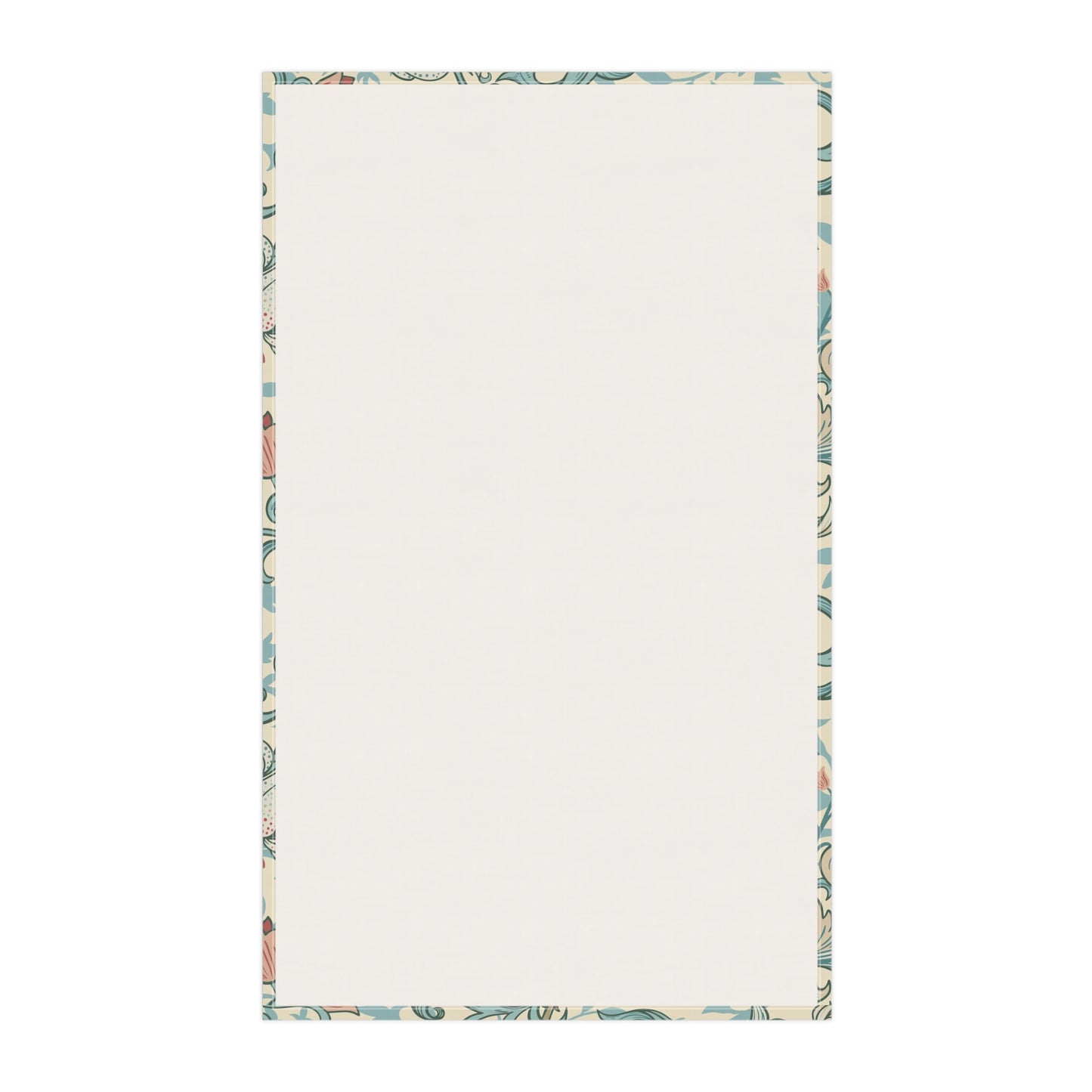 A rectangular cream-coloured tea towel with a decorative border featuring a botanical pattern in muted blue, green, and peach tones, shown flat against a white background.