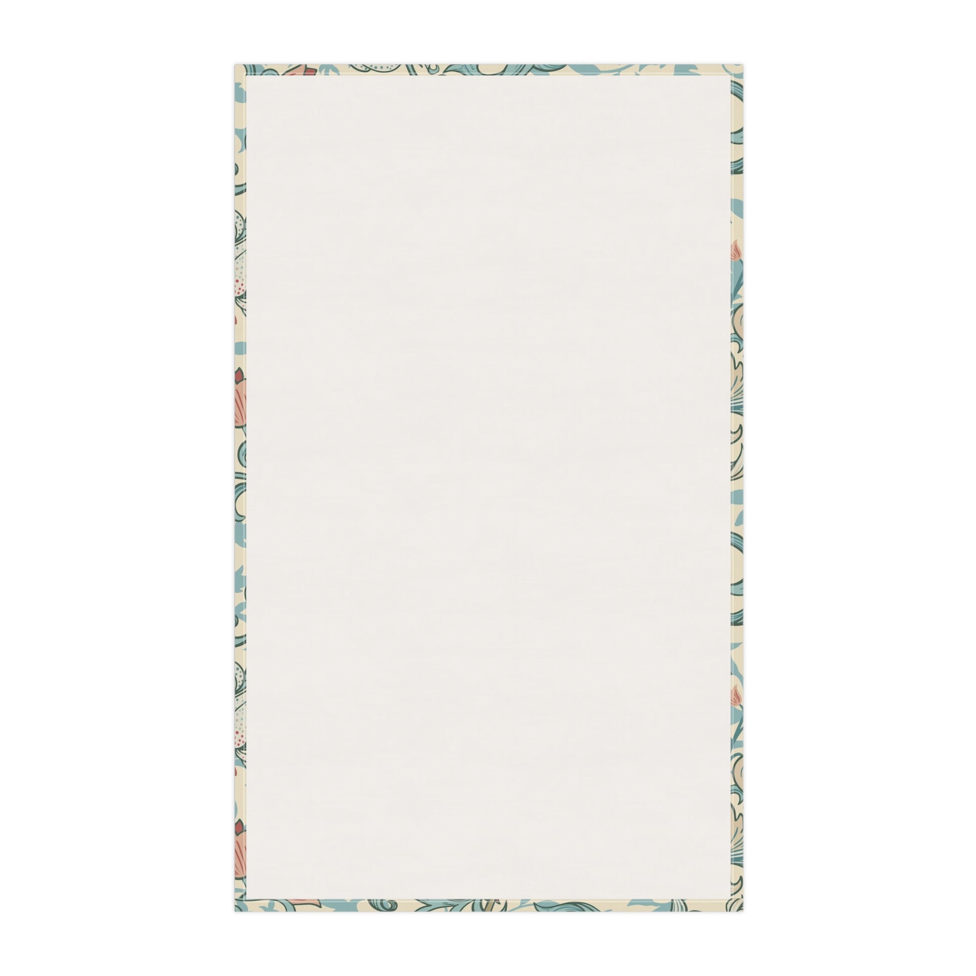 A rectangular cream-coloured tea towel with a decorative border featuring a botanical pattern in muted blue, green, and peach tones, shown flat against a white background.