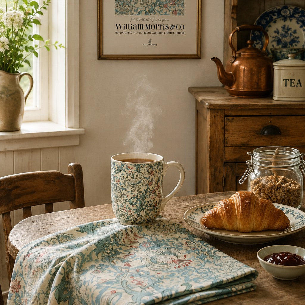 A styled breakfast scene in a rustic kitchen or dining area. A floral ceramic mug sits on a wooden table with steam rising, next to a croissant on a plate, a folded patterned cloth, a small bowl of jam, and a glass jar of granola.