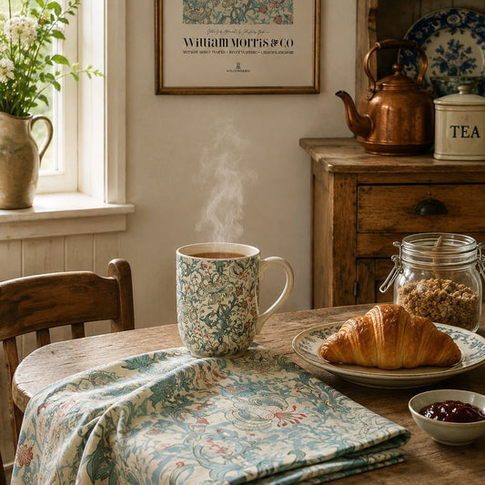 A styled breakfast scene in a rustic kitchen or dining area. A floral ceramic mug sits on a wooden table with steam rising, next to a croissant on a plate, a folded patterned cloth, a small bowl of jam, and a glass jar of granola.