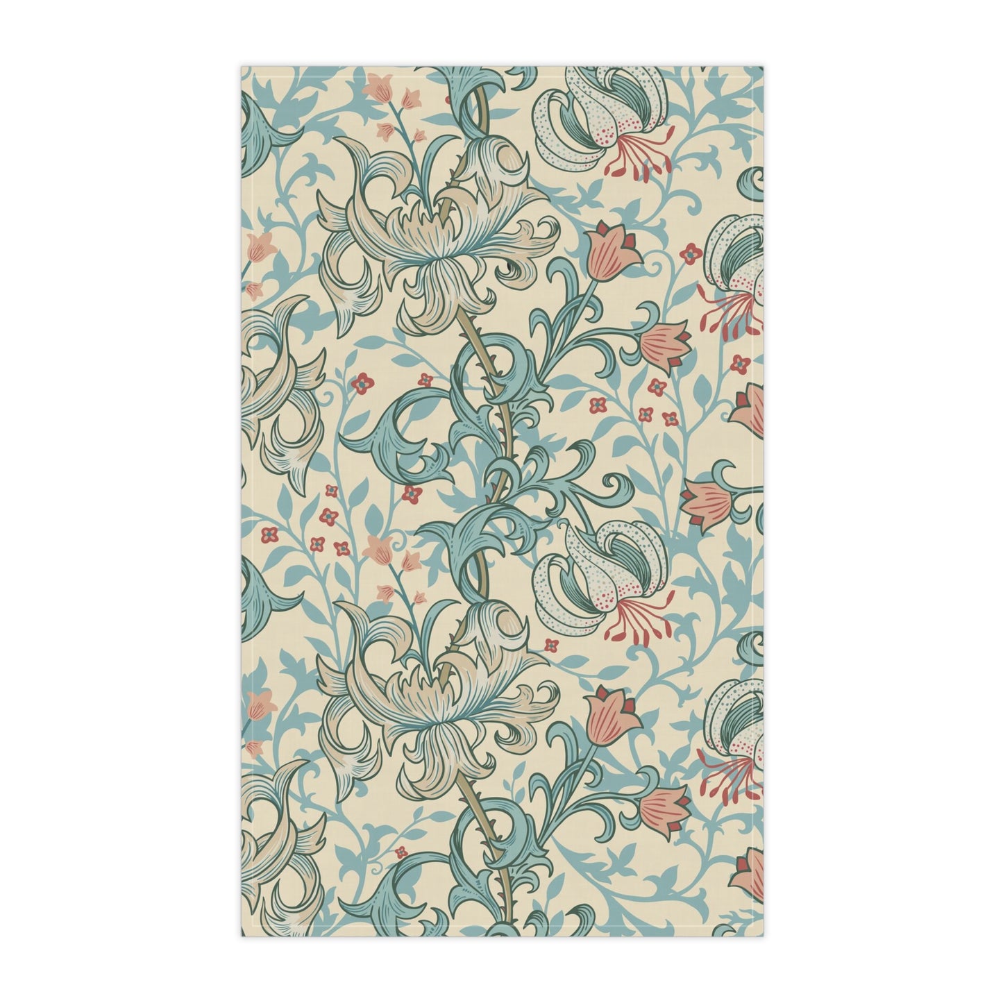A rectangular tea towel featuring a classic Art Nouveau floral pattern with light blue lilies, coral-pink blossoms, and green stems on a warm cream background.