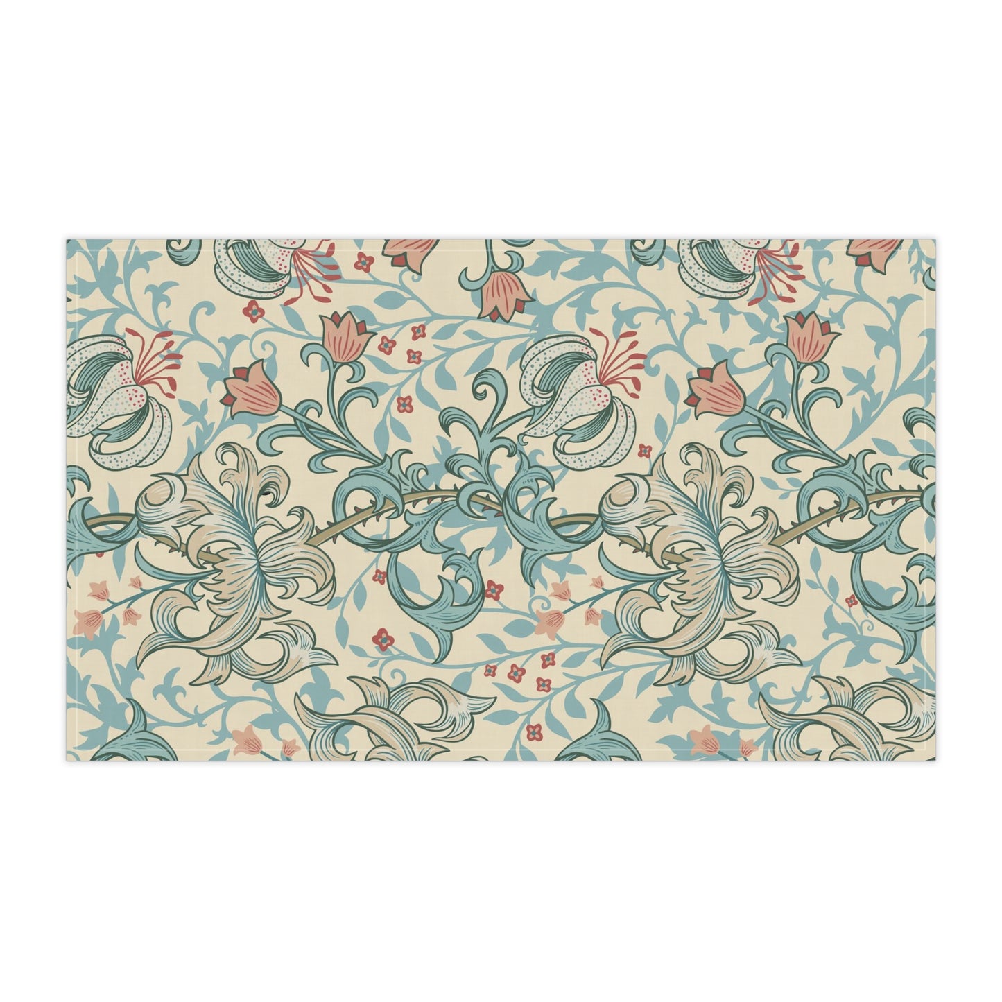A rectangular decorative tea towel featuring a vintage botanical pattern with swirling blue-green vines, cream lilies, and muted pink flowers on a warm beige background.