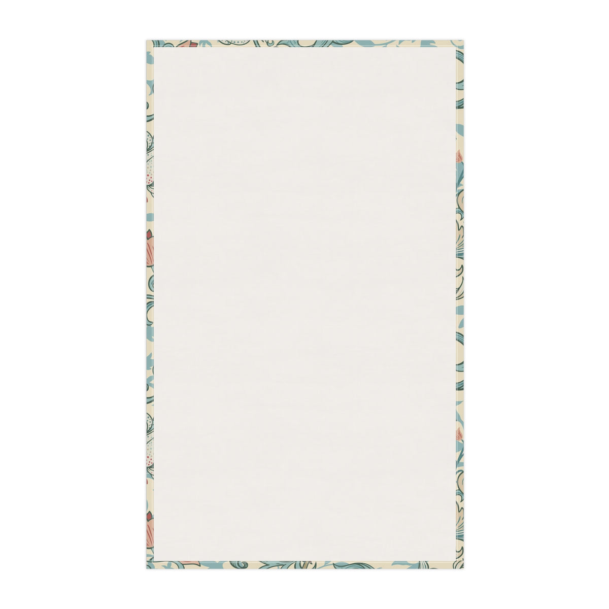 A rectangular cream-colored desk mat or writing pad with a decorative border featuring a botanical pattern in muted blue, green, and peach tones, shown flat against a white background.
