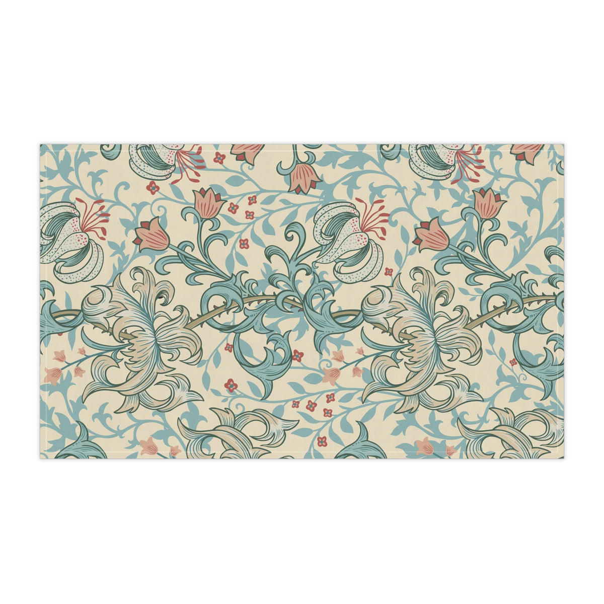 A rectangular decorative tea towel featuring a vintage botanical pattern with swirling blue-green vines, cream lilies, and muted pink flowers on a warm beige background.