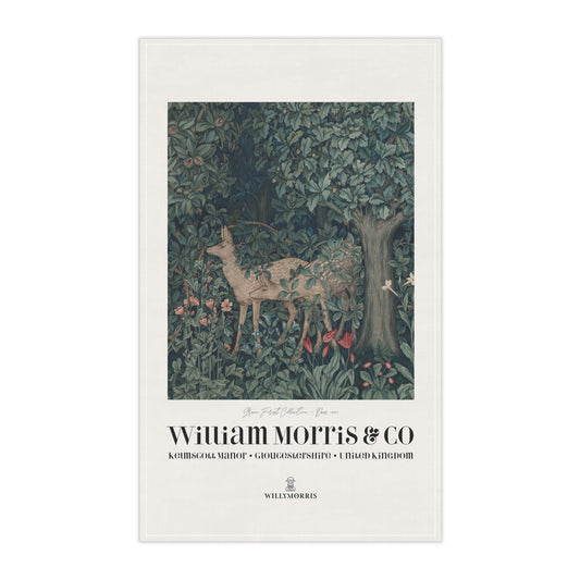 Tea towel artwork of a deer in a forest with 'William Morris & Co' branding.