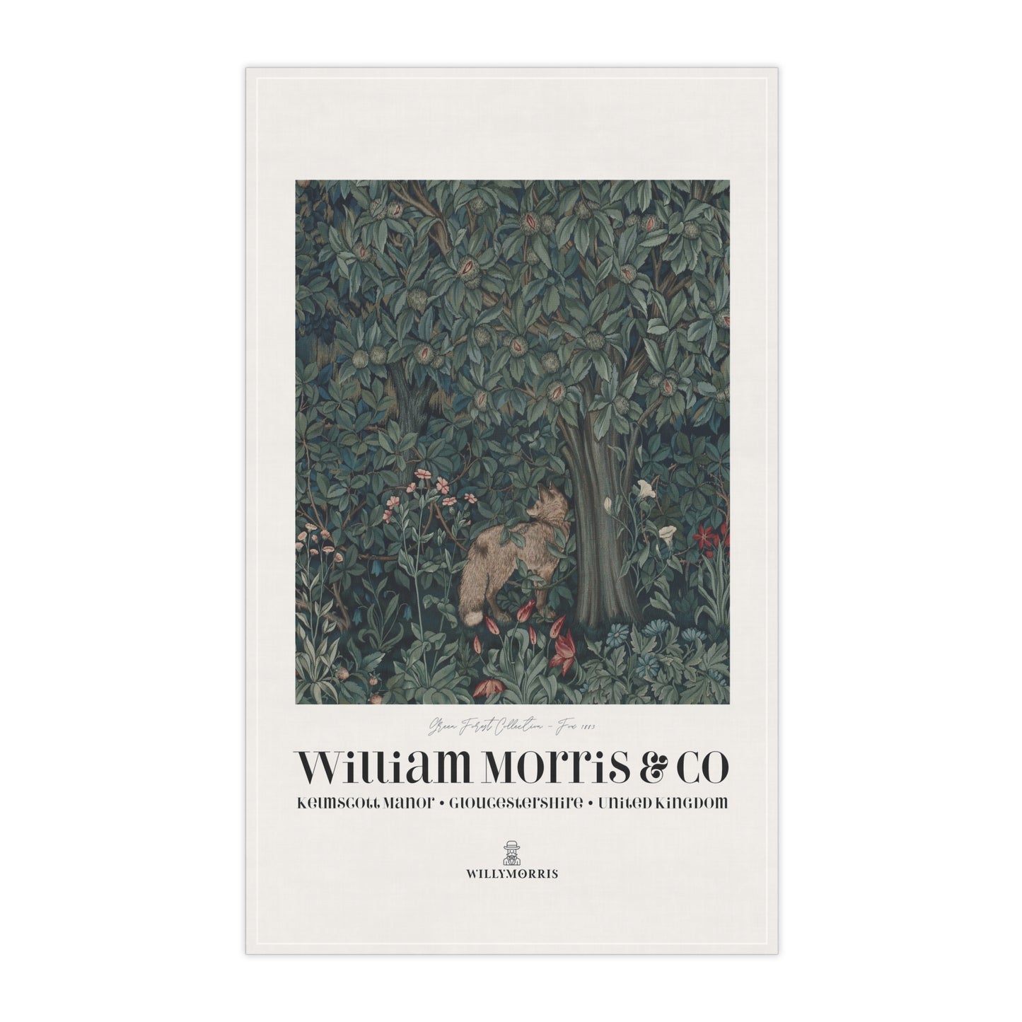 Tea towel with nature-themed illustration and 'William Morris & Co' branding