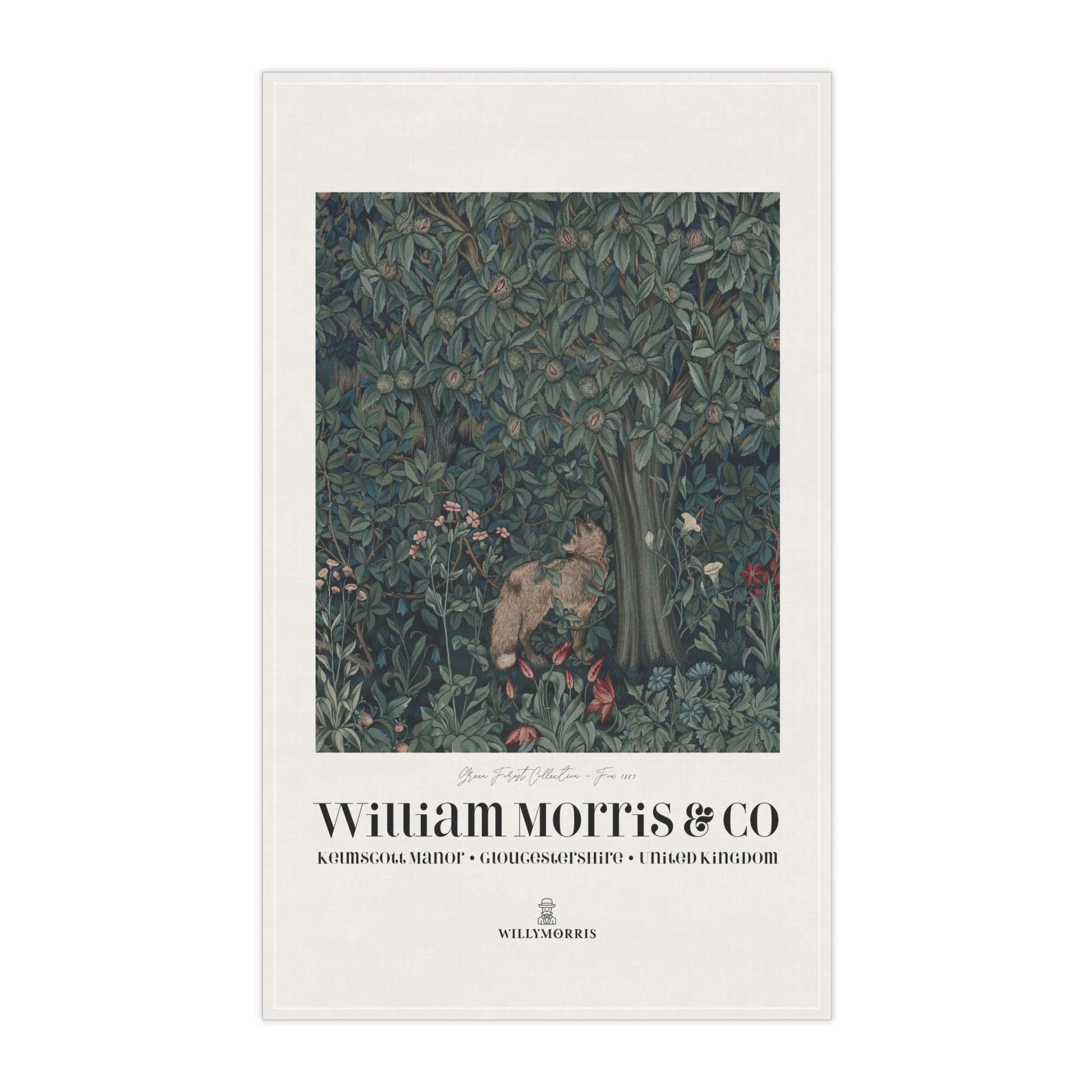 Tea towel with nature-themed illustration and 'William Morris & Co' branding