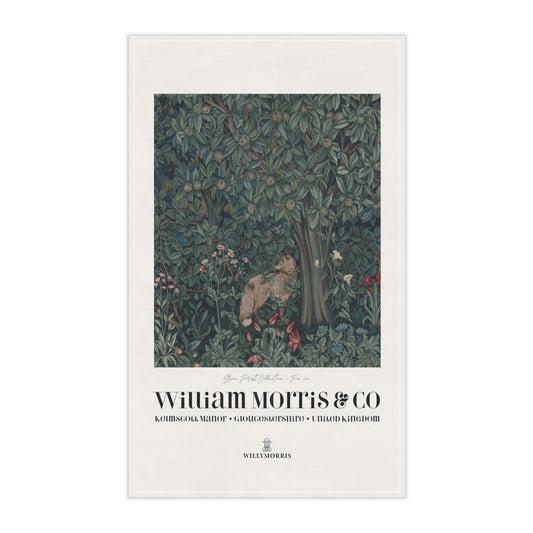 Tea towel with nature-themed illustration and 'William Morris & Co' branding