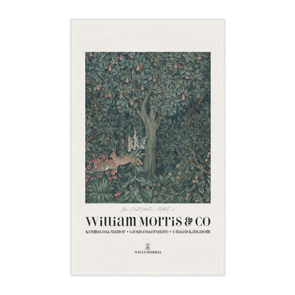 Tea towel with a nature-themed design and 'William Morris & Co' branding on a white background