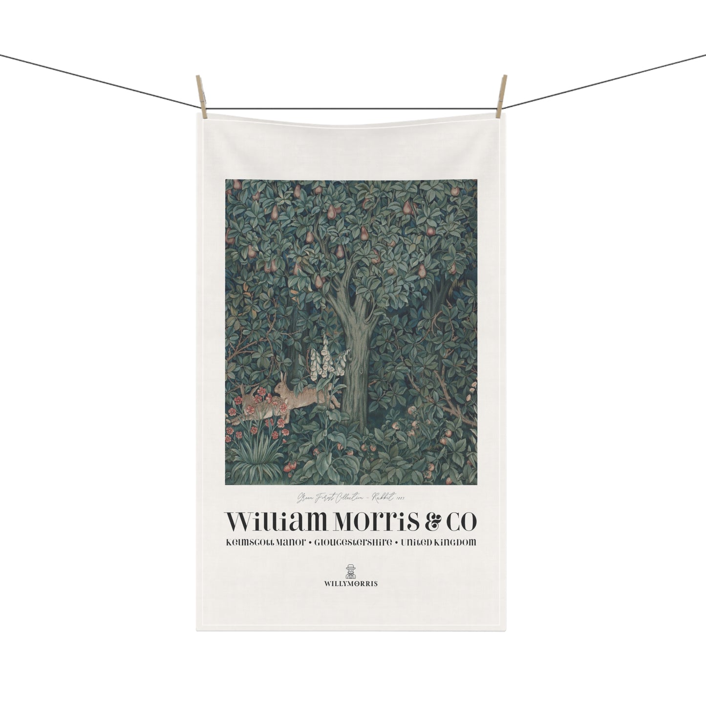 Tea towel with nature design and 'William Morris & Co' branding on a white background