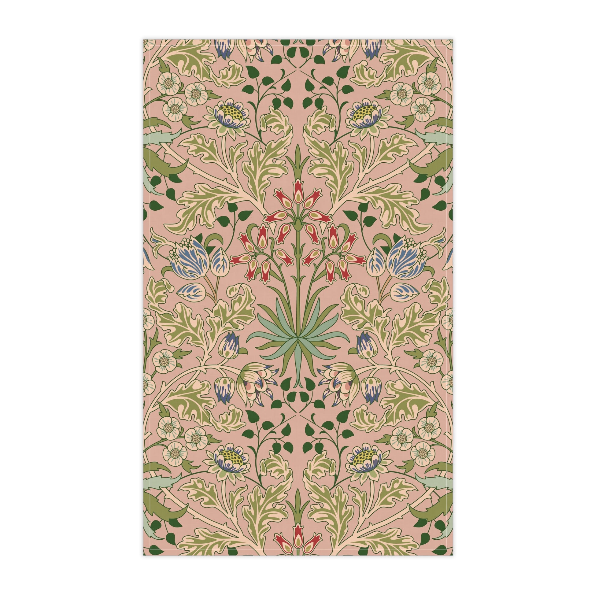 A kitchen tea towel with a floral pattern inspired by William Morris - Hyacinth Collection in a blossom colour theme.