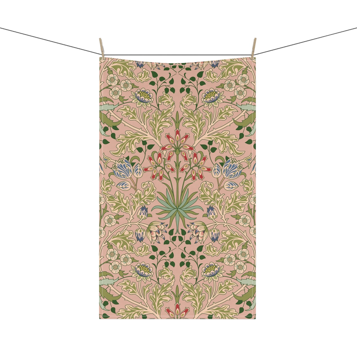 A kitchen tea towel with a floral pattern inspired by William Morris - Hyacinth Collection in a blossom colour theme.