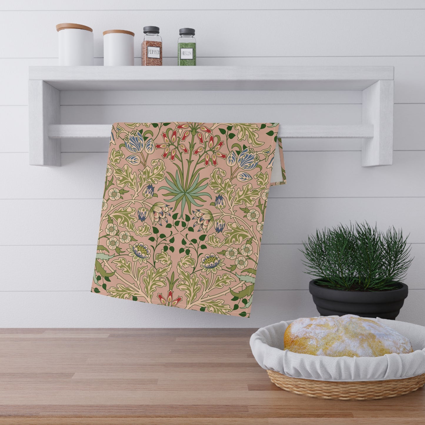 A kitchen tea towel with a floral pattern inspired by William Morris - Hyacinth Collection in a blossom colour theme.