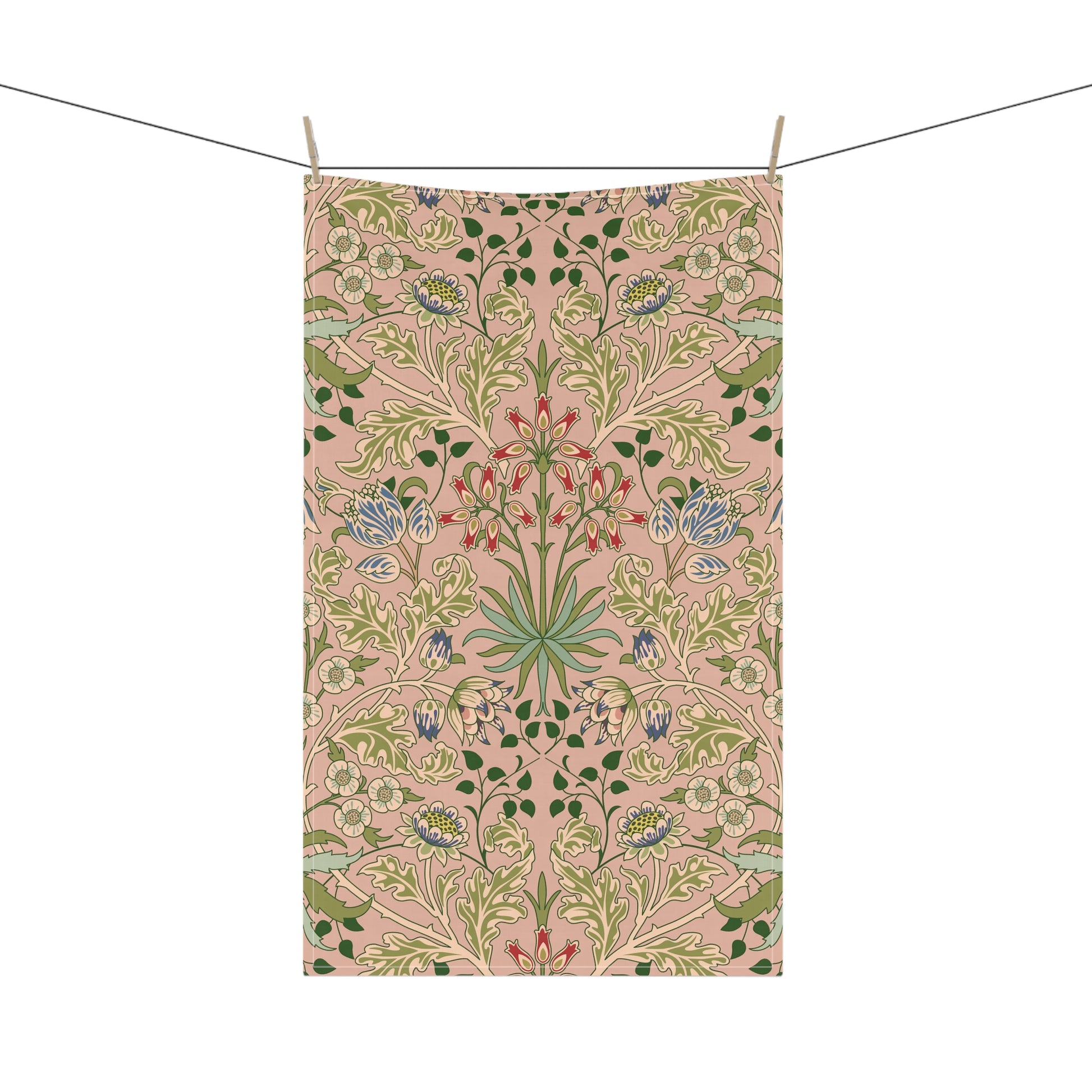 A kitchen tea towel with a floral pattern inspired by William Morris - Hyacinth Collection in a blossom colour theme.
