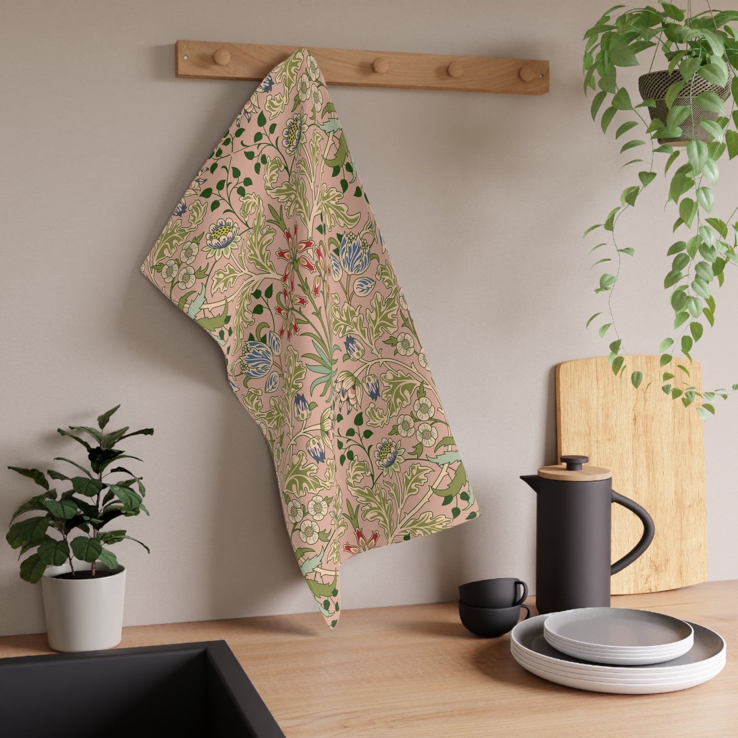 A kitchen tea towel with a floral pattern inspired by William Morris - Hyacinth Collection in a blossom colour theme.