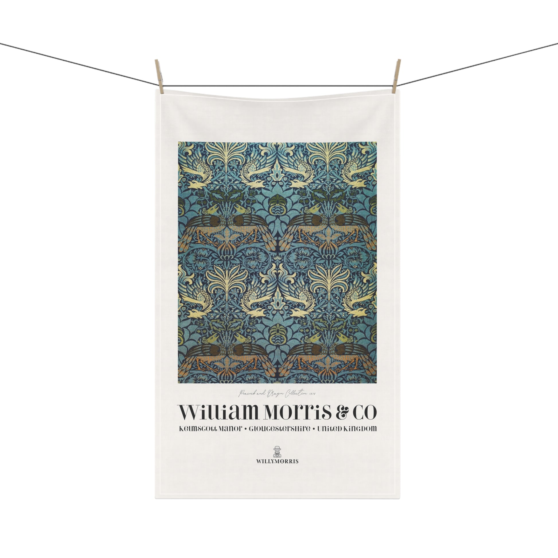 Tea towel with decorative pattern and 'William Morris & Co' branding on a white background