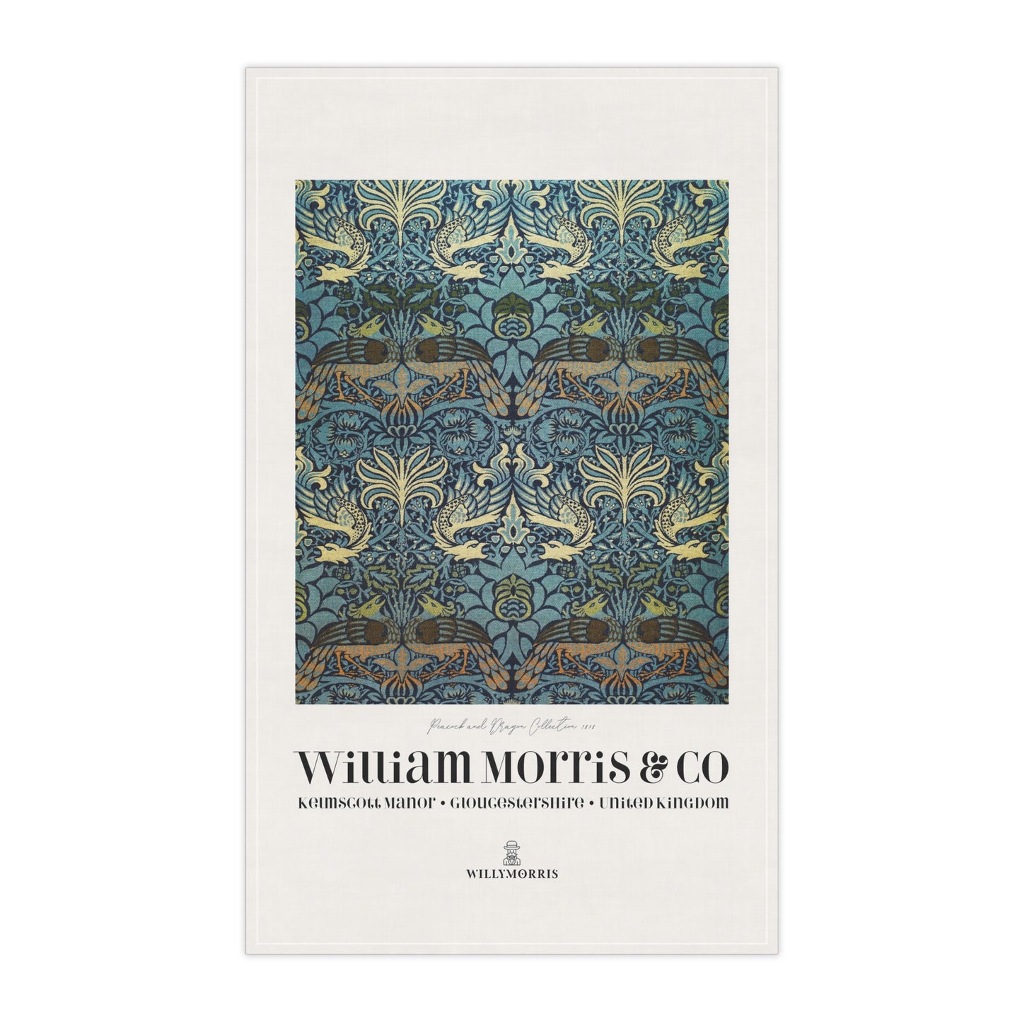 Decorative tea towel with intricate pattern and 'William Morris & Co' branding on a white background