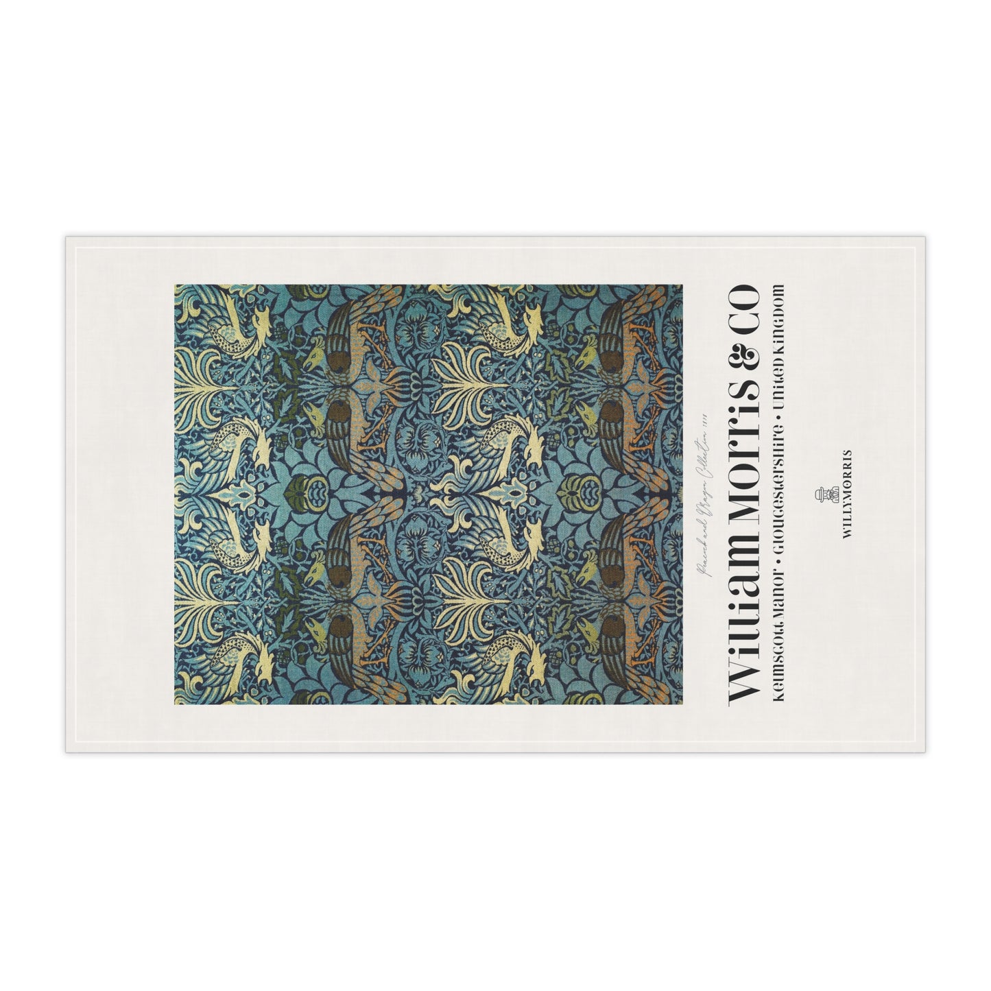 Decorative tea towel with William Morris & Co pattern and branding
