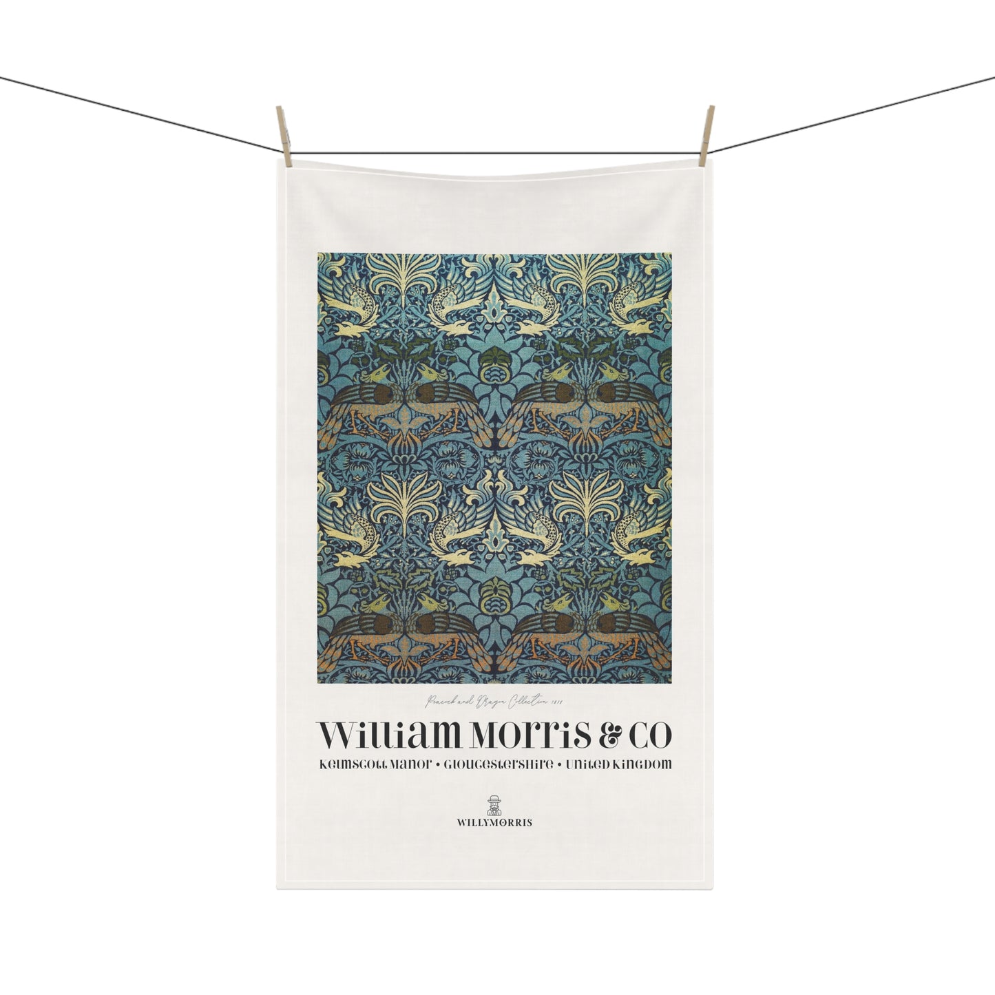 Tea towel with decorative pattern and 'William Morris & Co' branding on a white background