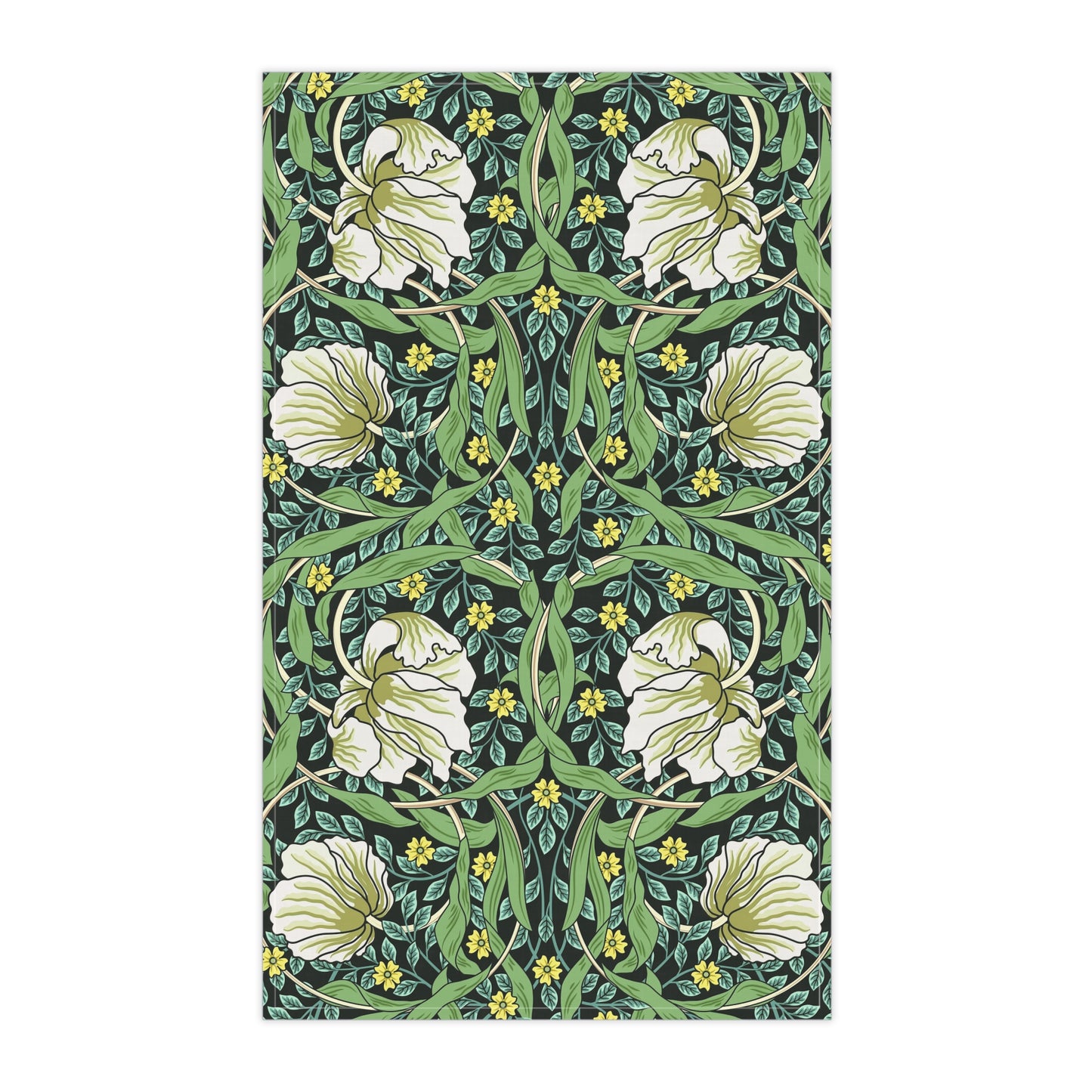 A kitchen tea towel with a green background and a floral pattern inspired by William Morris - Pimpernel Collection.
