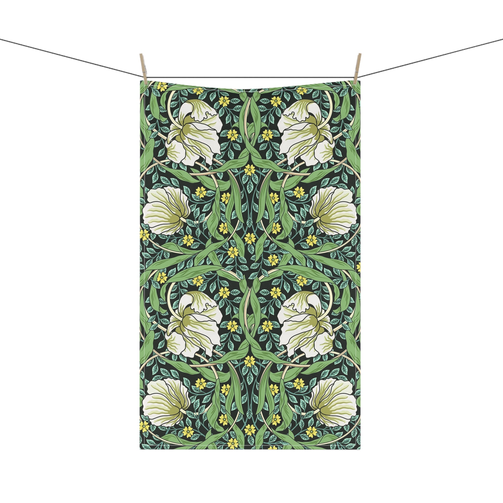 A kitchen tea towel with a green background and a floral pattern inspired by William Morris - Pimpernel Collection.