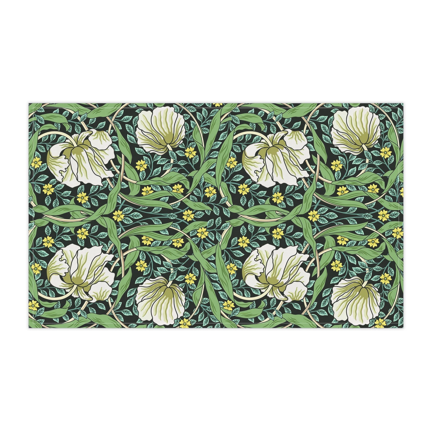 A kitchen tea towel with a green background and a floral pattern inspired by William Morris - Pimpernel Collection.