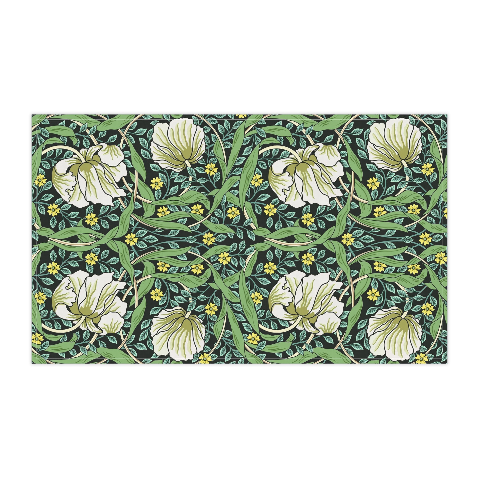 A kitchen tea towel with a green background and a floral pattern inspired by William Morris - Pimpernel Collection.