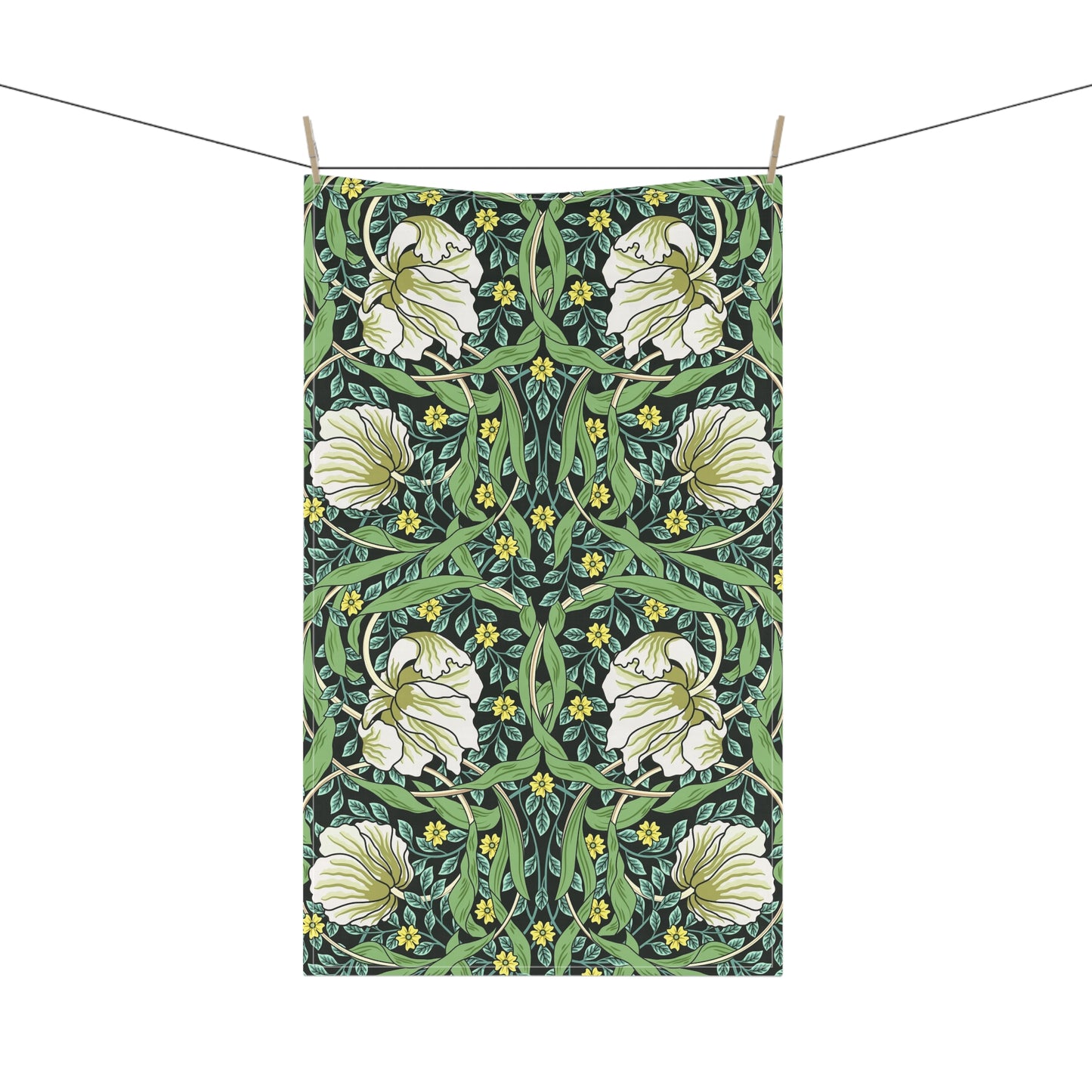 A kitchen tea towel with a green background and a floral pattern inspired by William Morris - Pimpernel Collection.