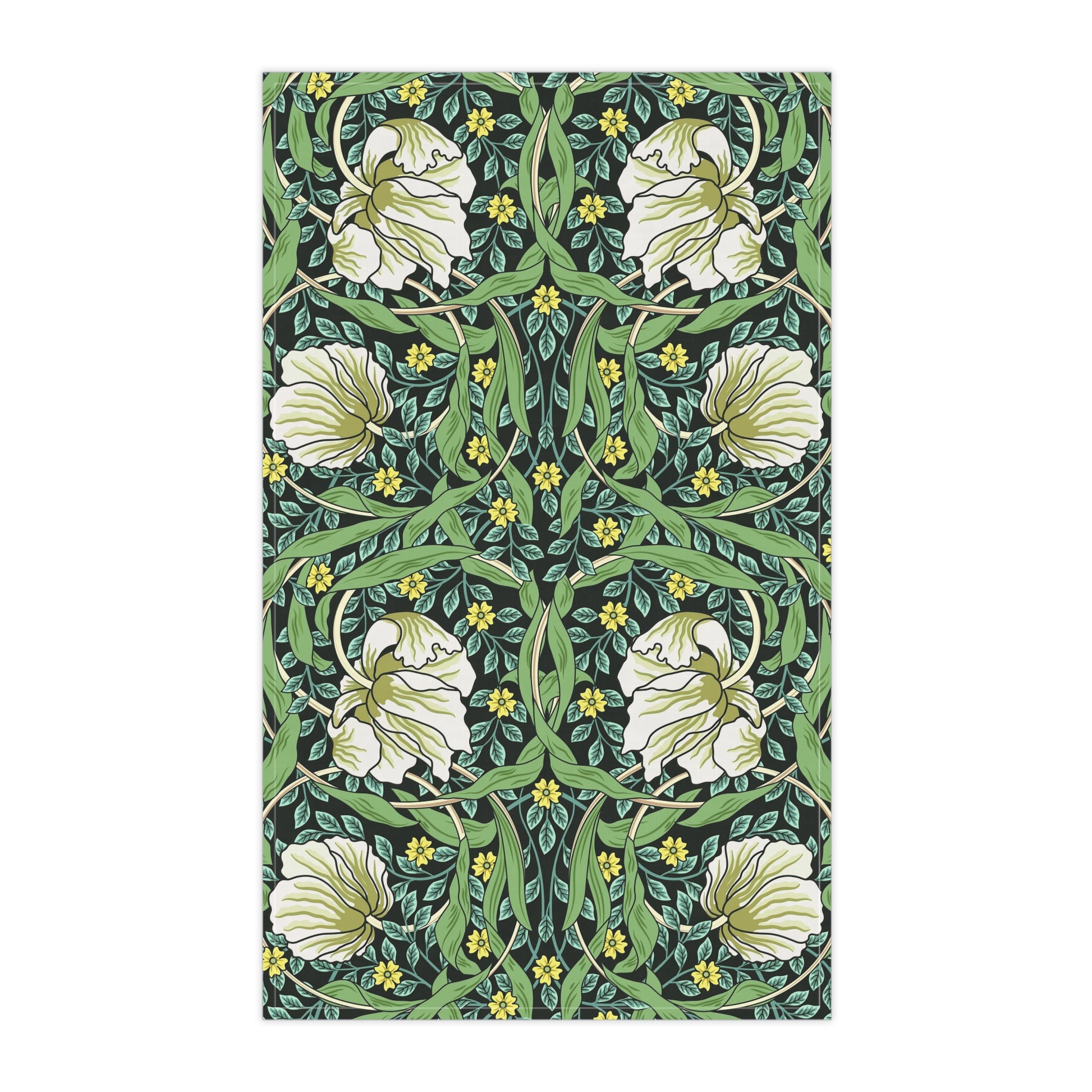 A kitchen tea towel with a green background and a floral pattern inspired by William Morris - Pimpernel Collection.