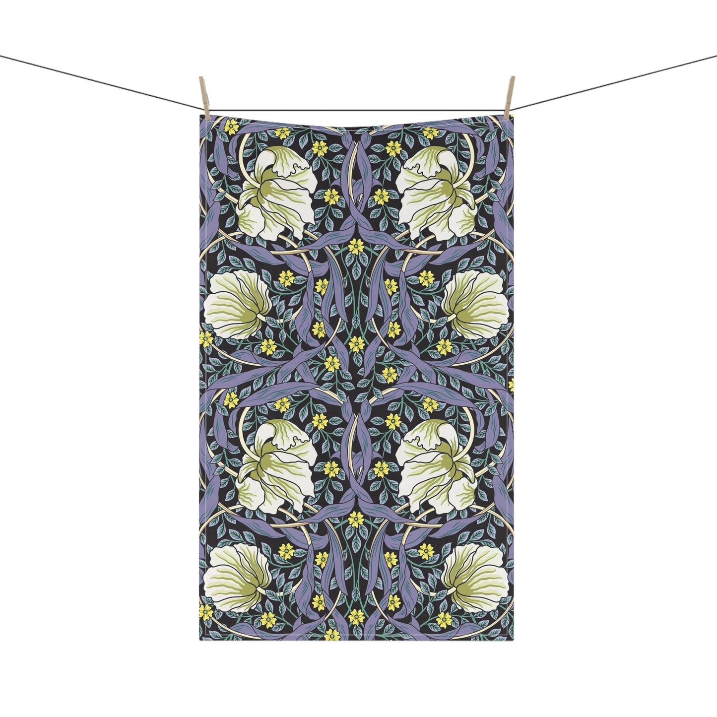 A kitchen tea towel with a floral pattern inspired by William Morris - Pimpernel Collection in lavender colour.
