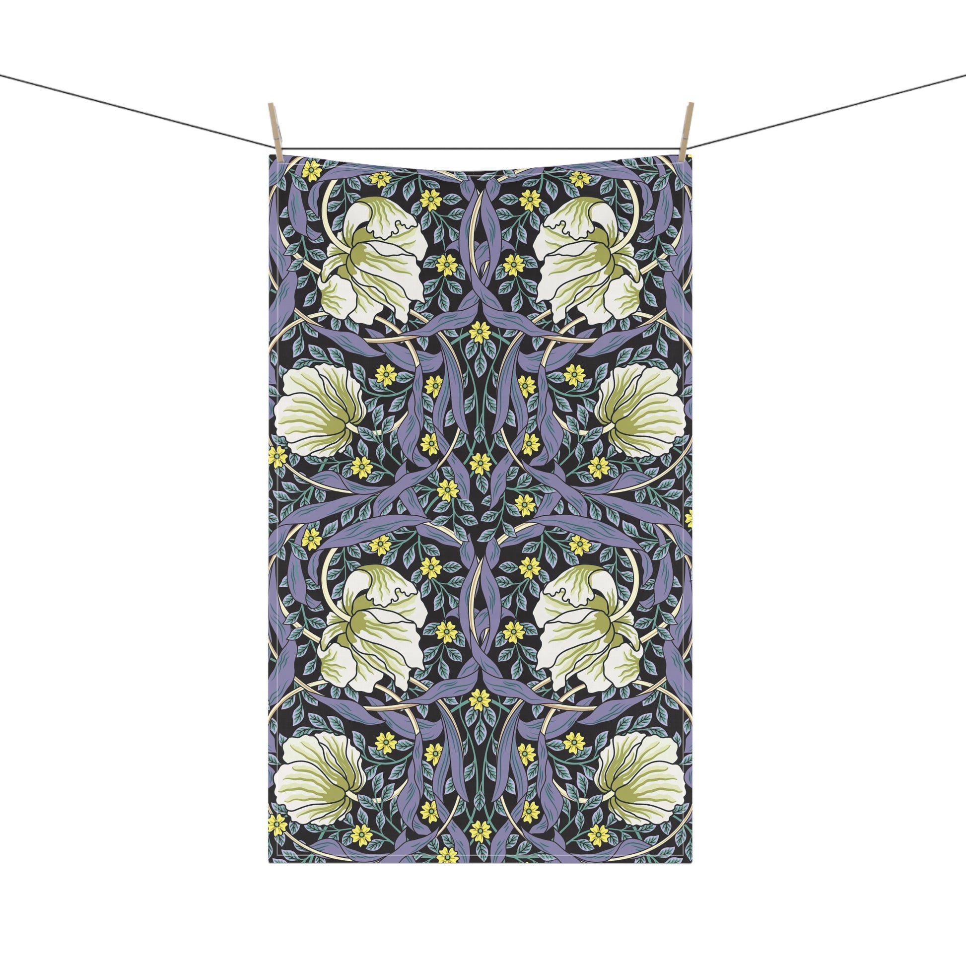 A kitchen tea towel with a floral pattern inspired by William Morris - Pimpernel Collection in lavender colour.