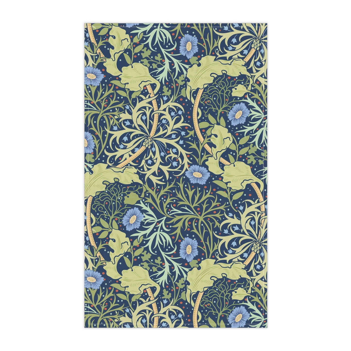 A rectangular kitchen tea towel featuring a floral Arts & Crafts pattern from William Morris & Co with blue flowers and green leaves on a cream background.