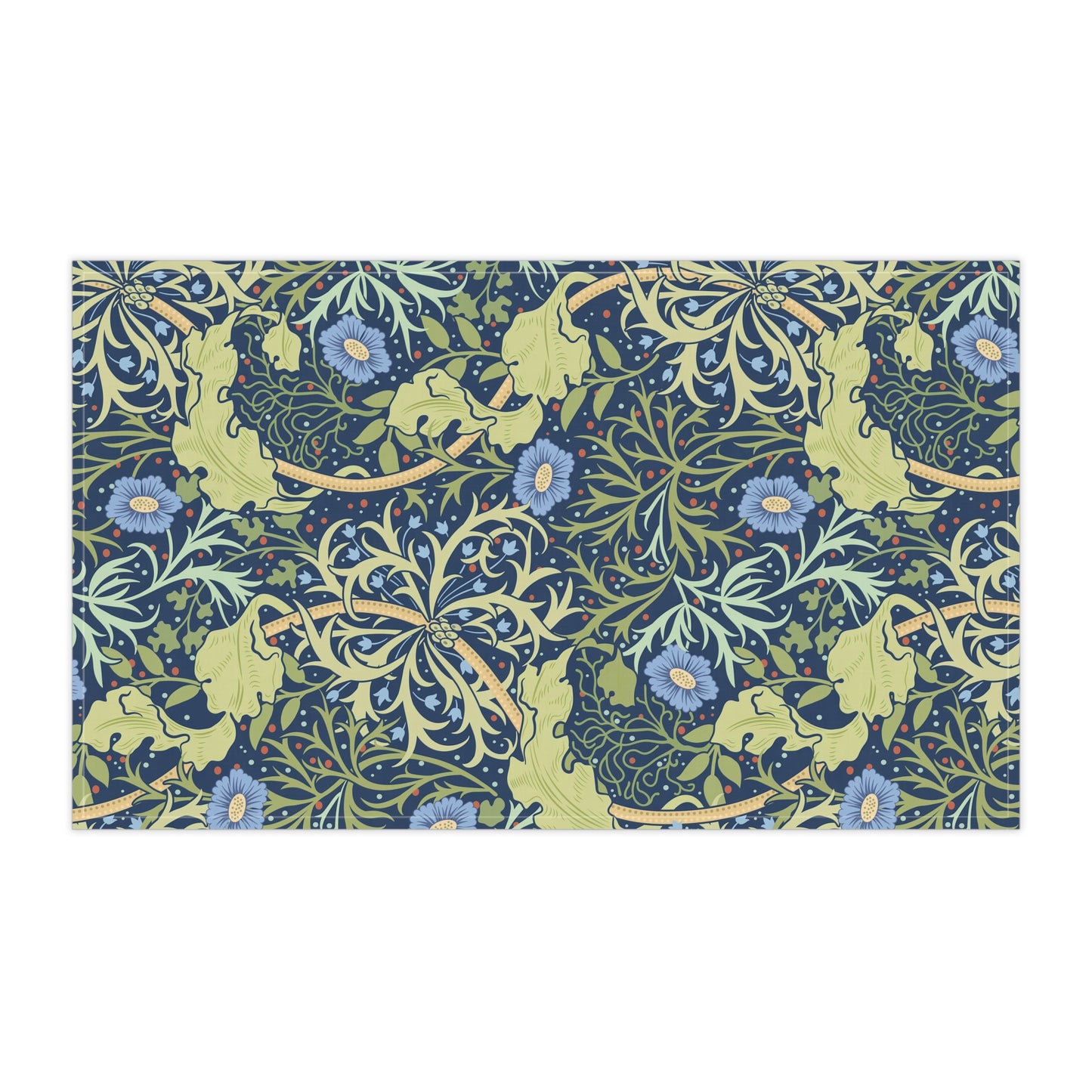 A rectangular kitchen tea towel featuring a floral Arts & Crafts pattern from William Morris & Co with blue flowers and green leaves on a cream background.