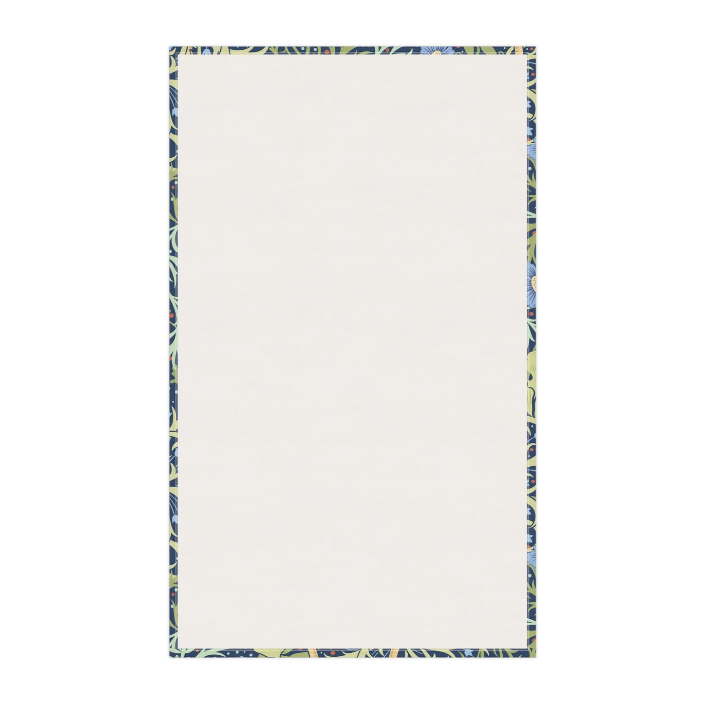A rectangular kitchen tea towel featuring a floral Arts & Crafts pattern from William Morris & Co with blue flowers and green leaves on a cream background.