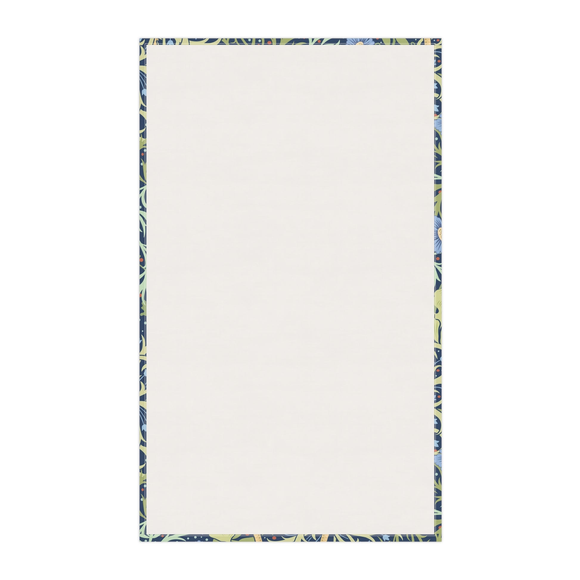 A rectangular kitchen tea towel featuring a floral Arts & Crafts pattern from William Morris & Co with blue flowers and green leaves on a cream background.