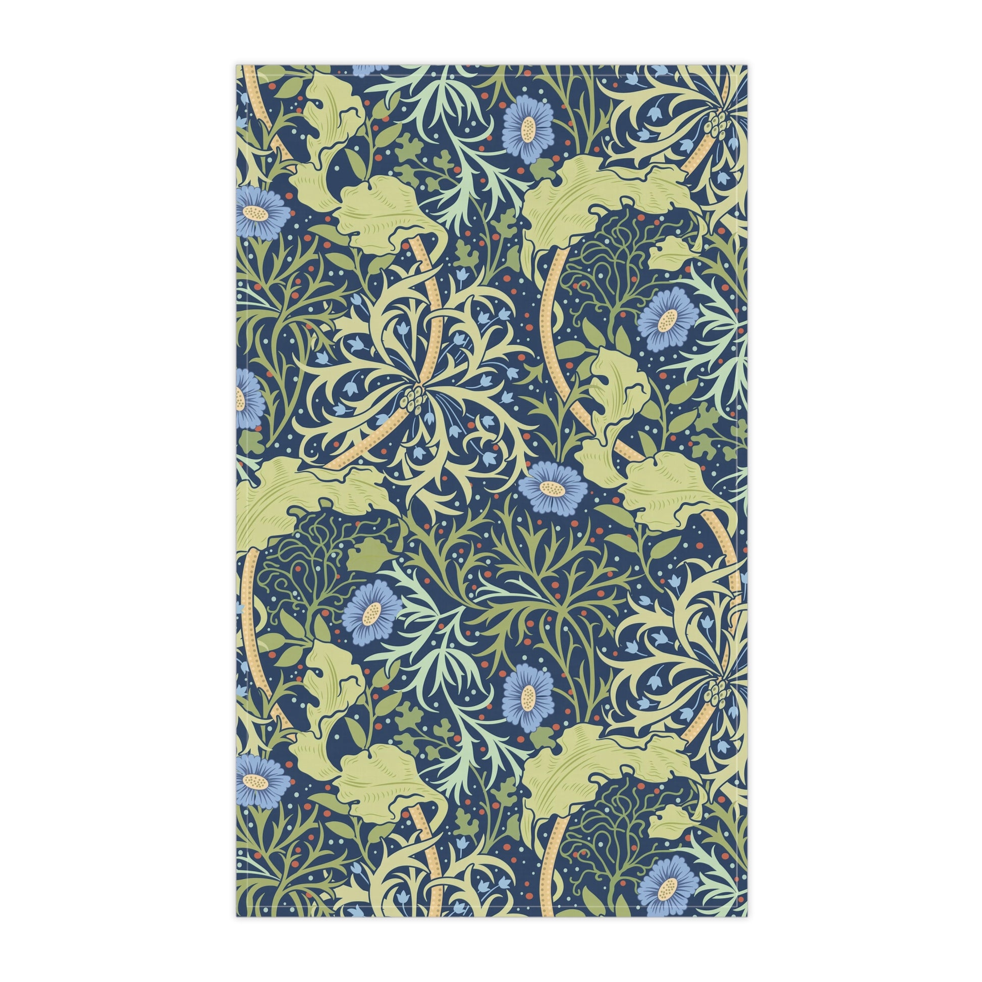 A rectangular kitchen tea towel featuring a floral Arts & Crafts pattern from William Morris & Co with blue flowers and green leaves on a cream background.