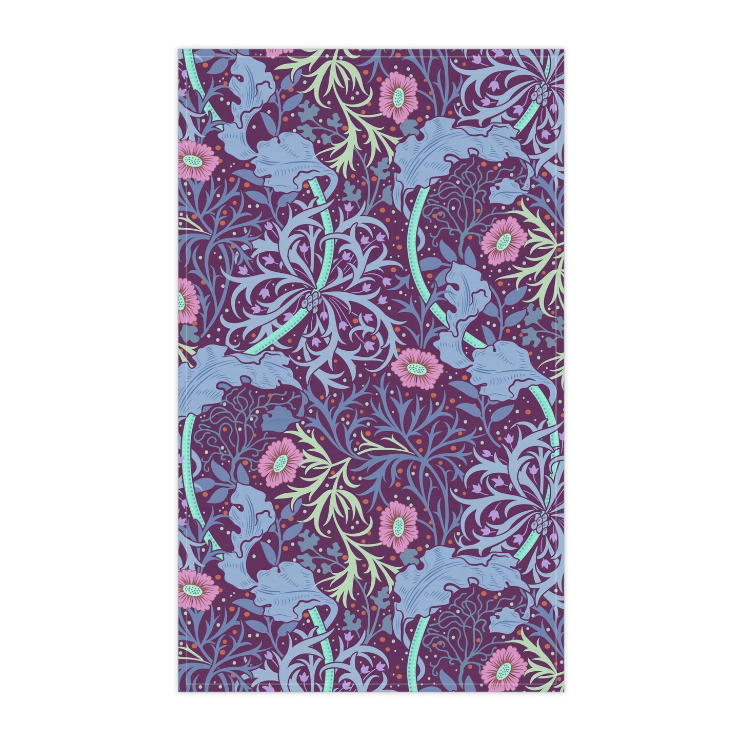 A kitchen tea towel featuring a repeating pattern of seaweed and pink flowers on a purple background.