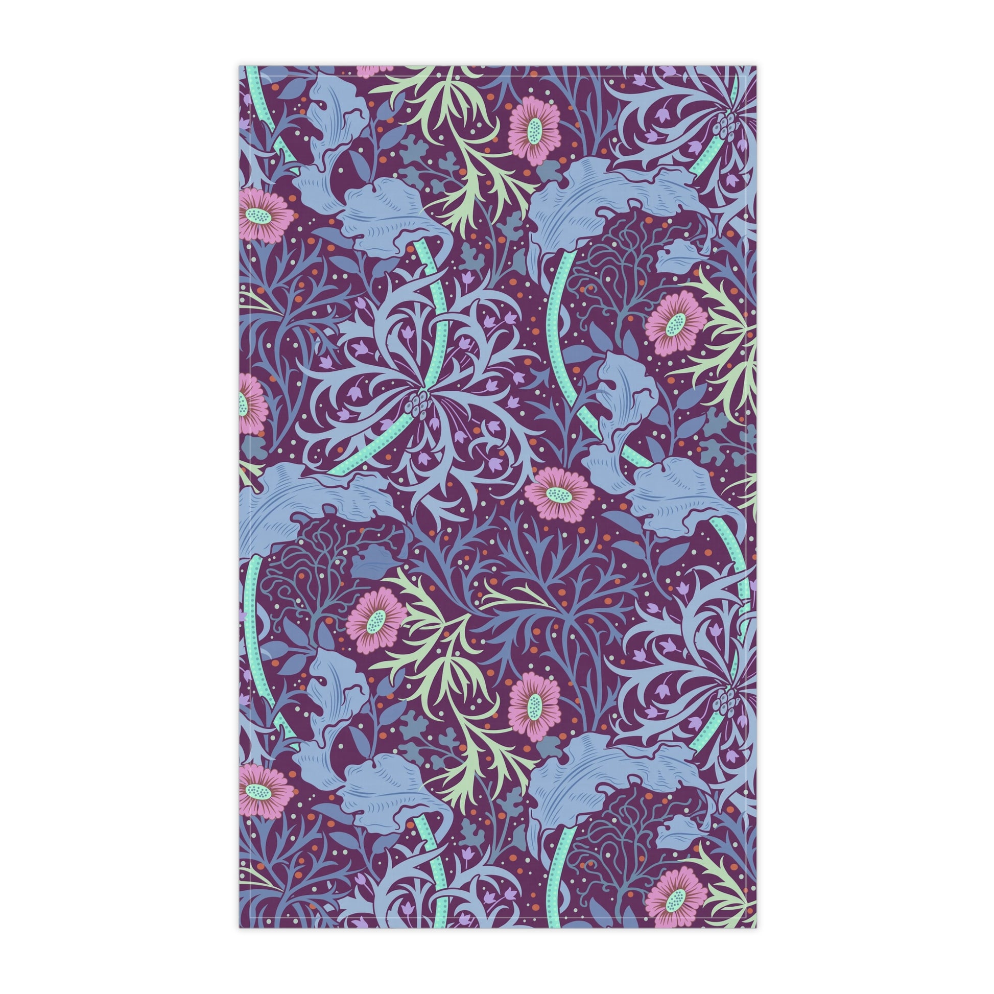 A kitchen tea towel featuring a repeating pattern of seaweed and pink flowers on a purple background.