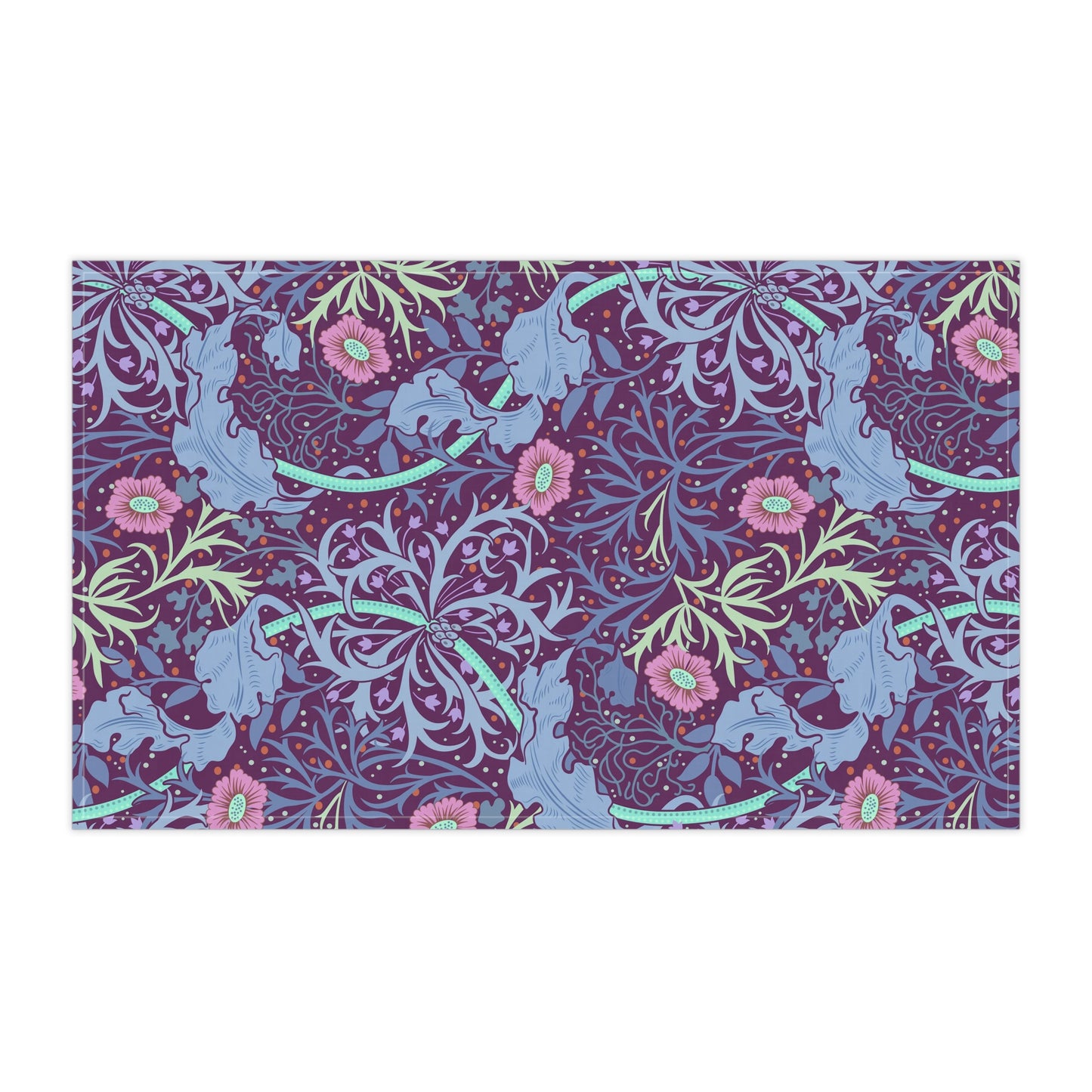 A kitchen tea towel featuring a repeating pattern of seaweed and pink flowers on a purple background.