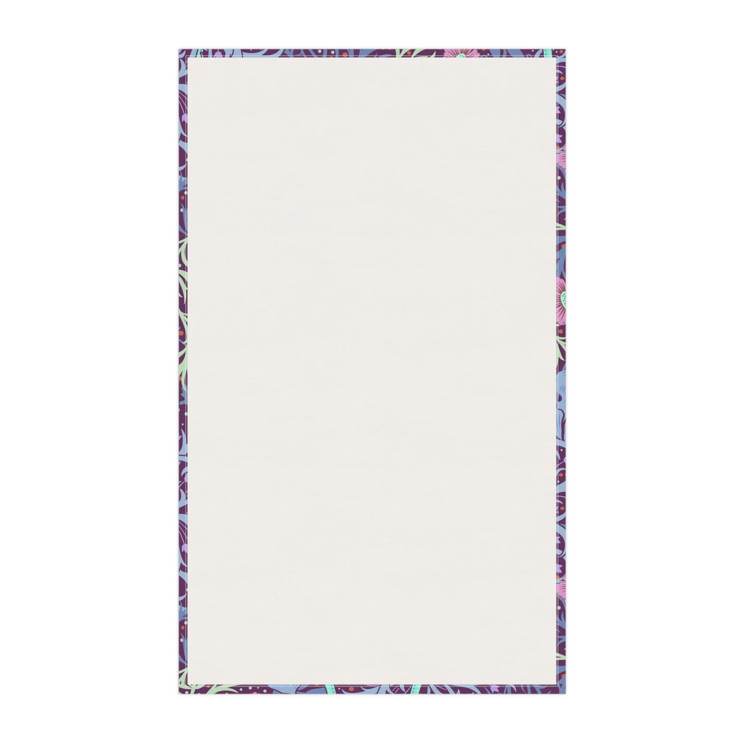 A kitchen tea towel featuring a repeating pattern of seaweed and pink flowers on a purple background.