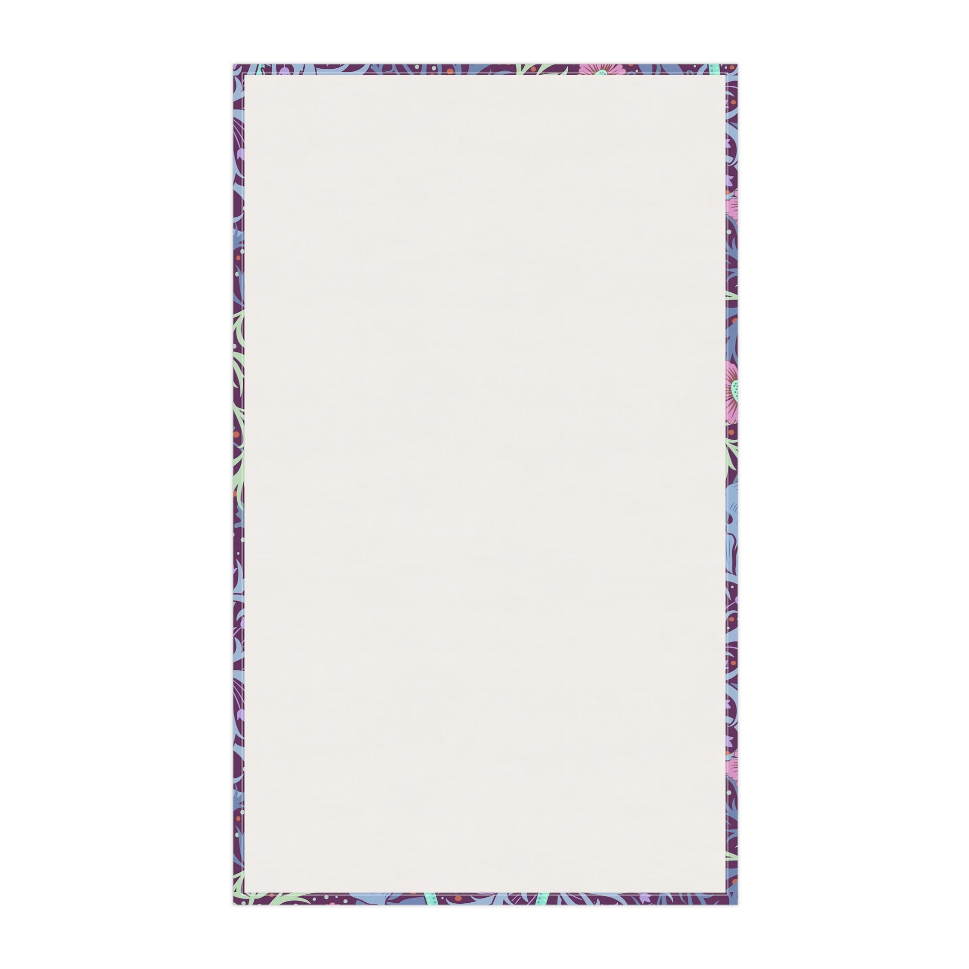 A kitchen tea towel featuring a repeating pattern of seaweed and pink flowers on a purple background.