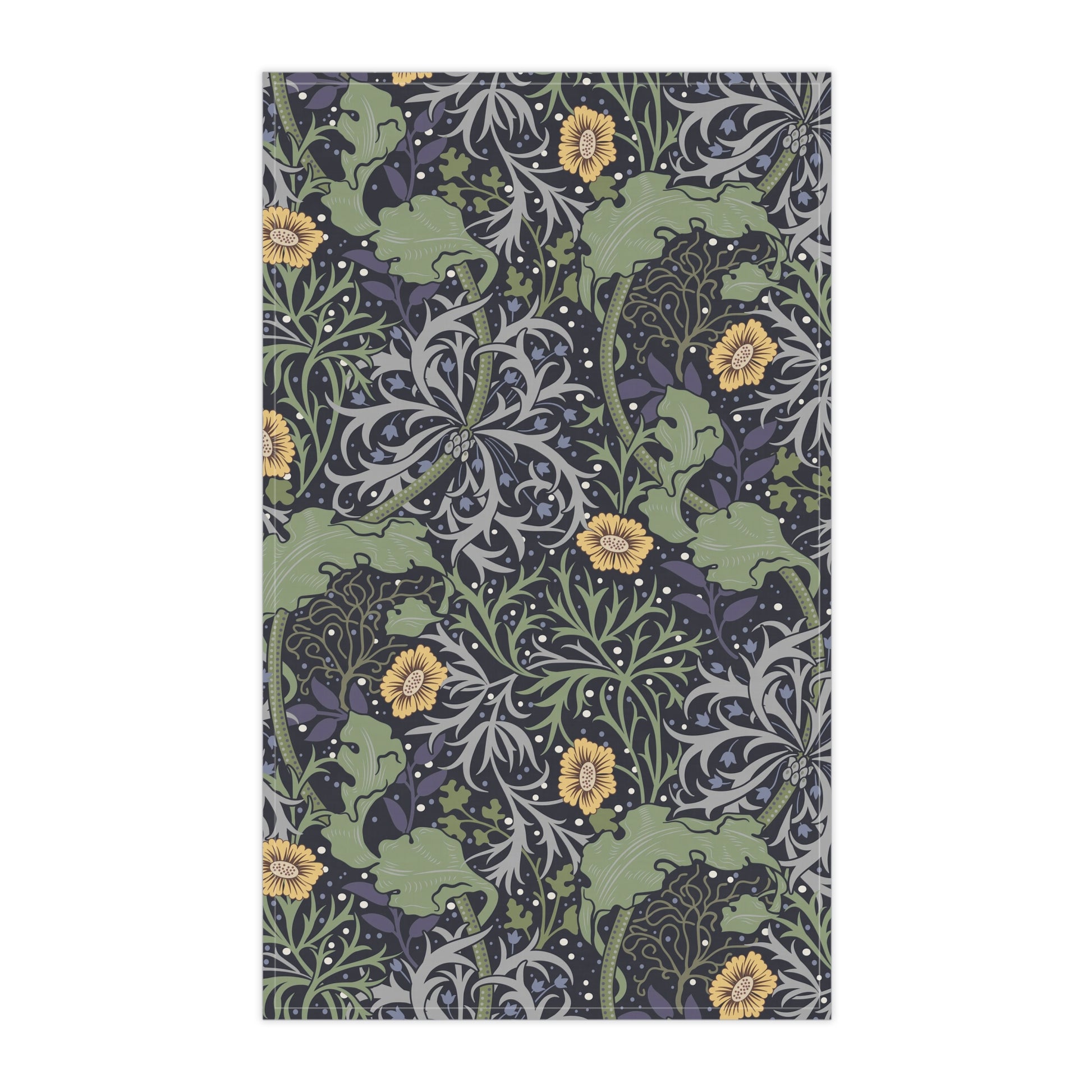 A rectangular kitchen tea towel featuring a repeating pattern of seaweed and yellow flowers on a green background.