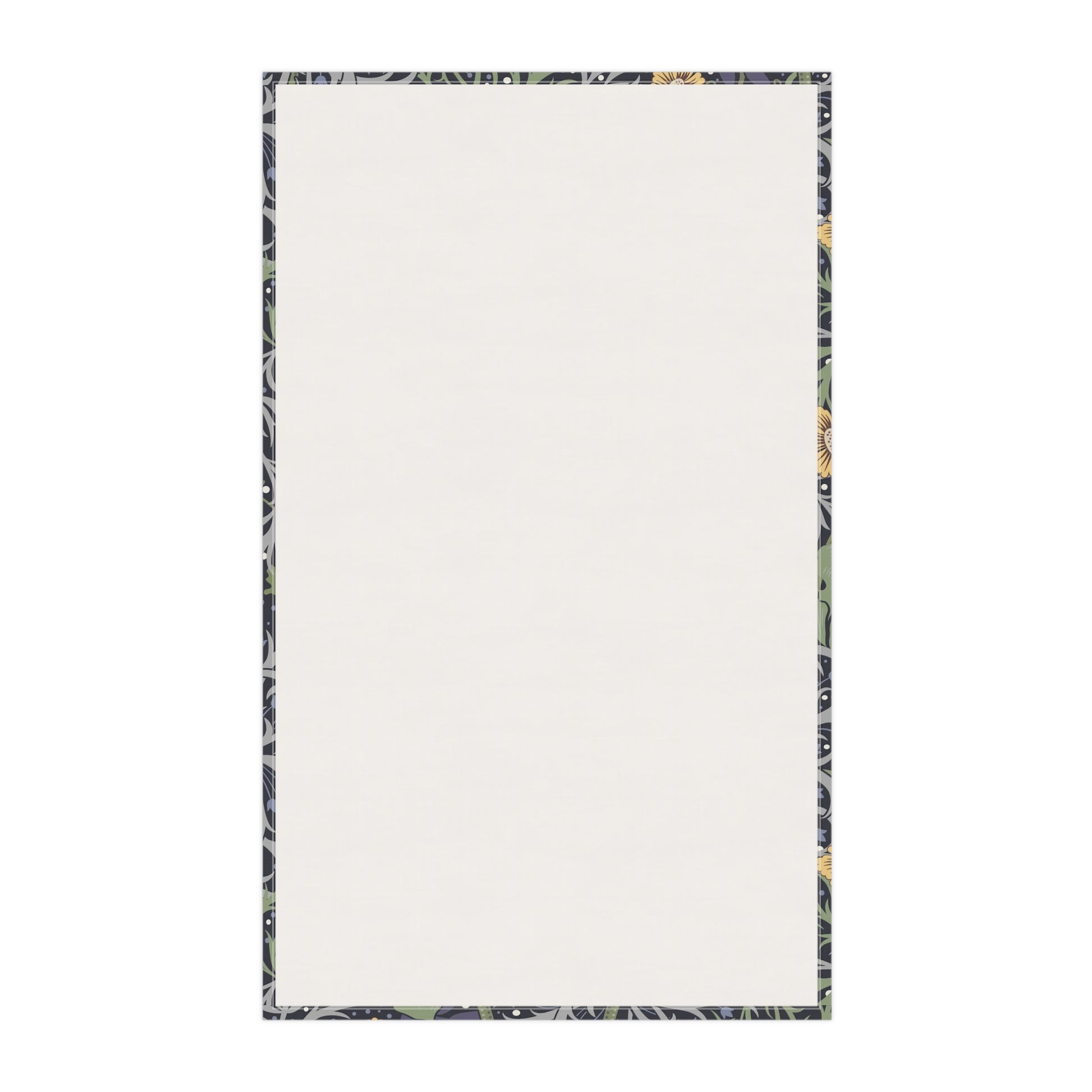 A rectangular kitchen tea towel featuring a repeating pattern of seaweed and yellow flowers on a green background.