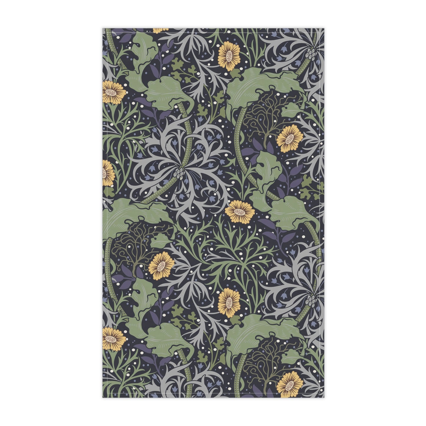 A rectangular kitchen tea towel featuring a repeating pattern of seaweed and yellow flowers on a green background.