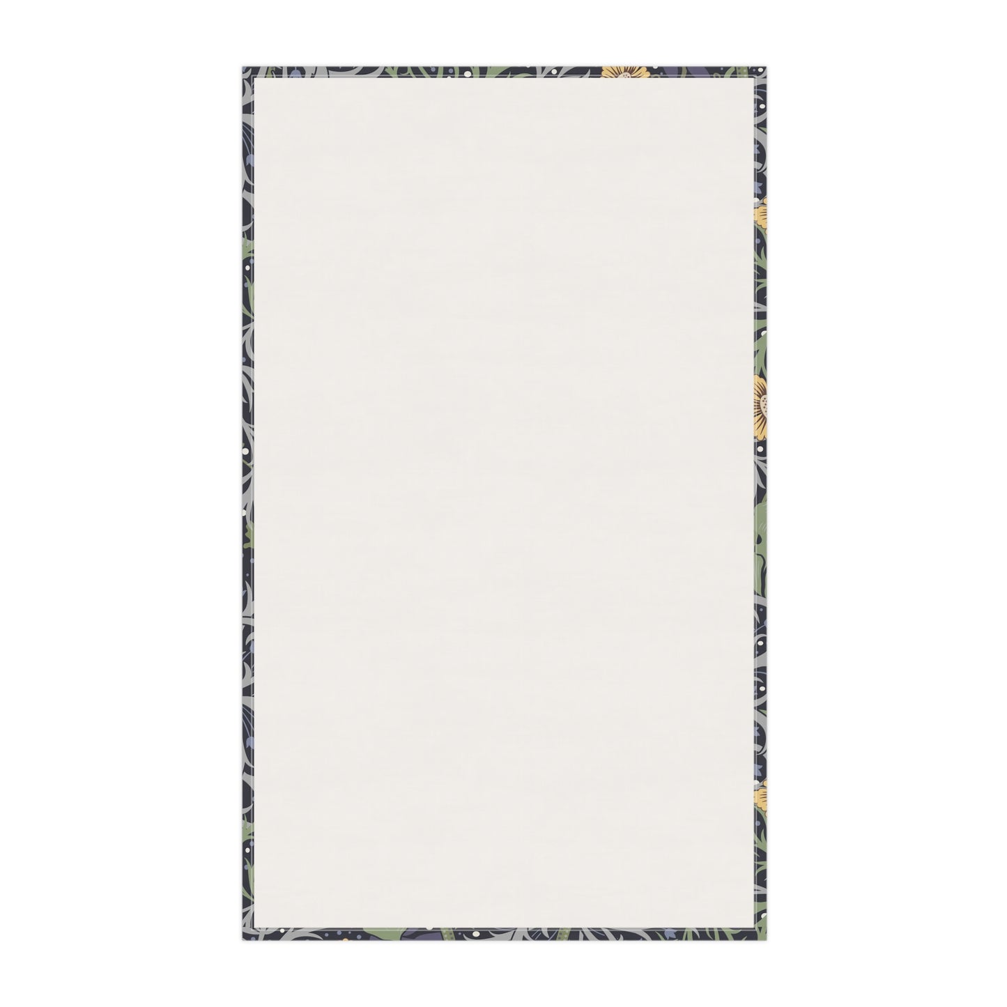 A rectangular kitchen tea towel featuring a repeating pattern of seaweed and yellow flowers on a green background.