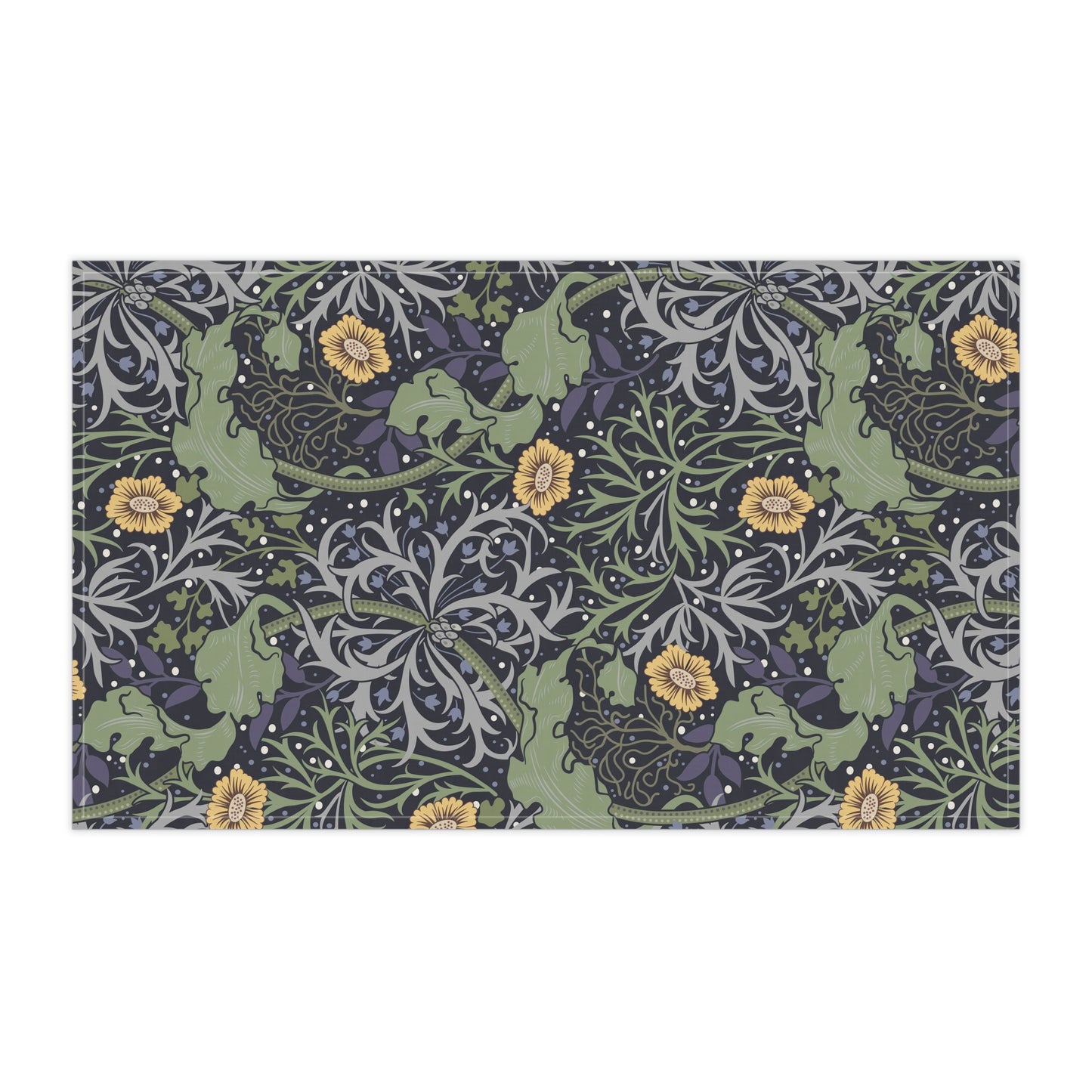 A rectangular kitchen tea towel featuring a repeating pattern of seaweed and yellow flowers on a green background.