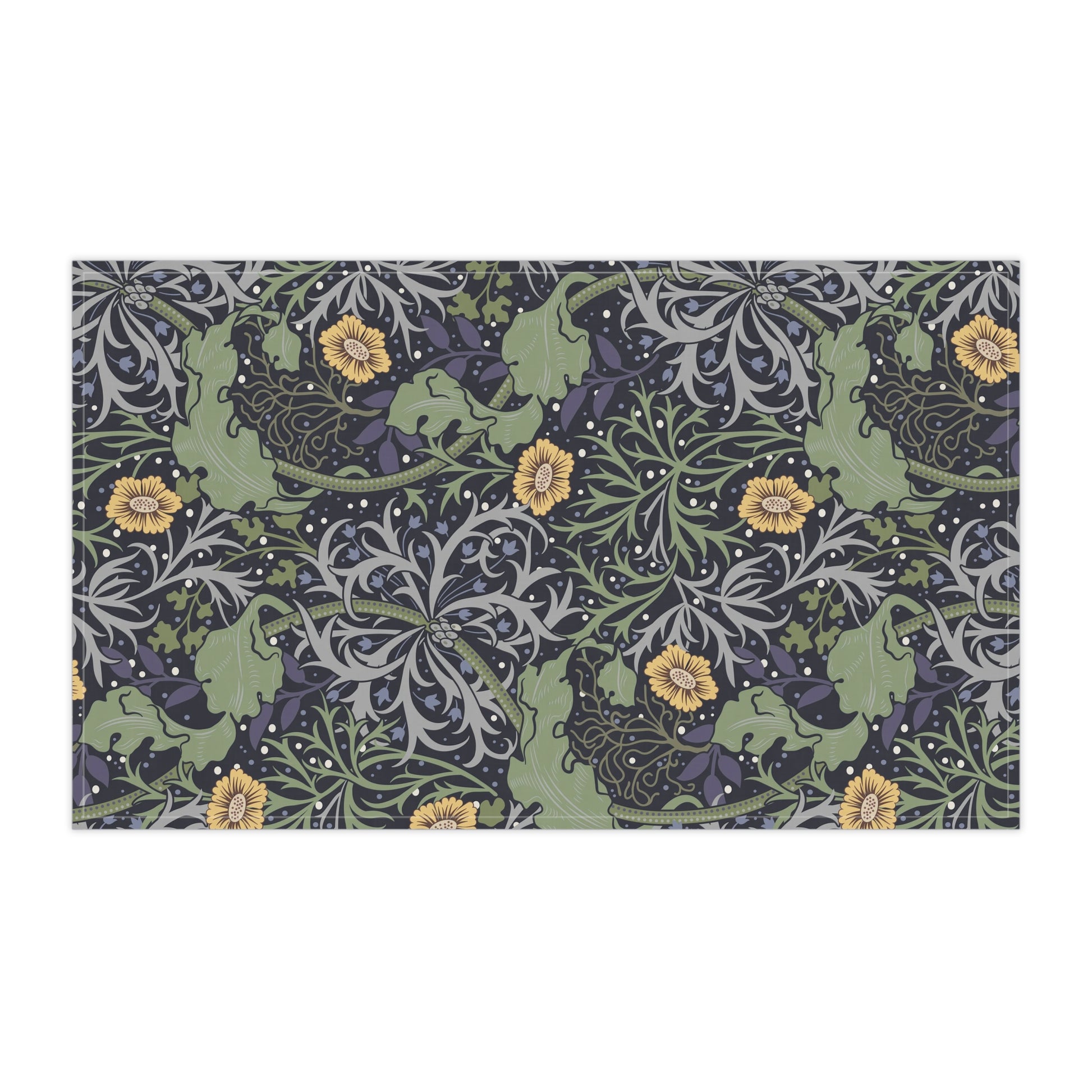 A rectangular kitchen tea towel featuring a repeating pattern of seaweed and yellow flowers on a green background.