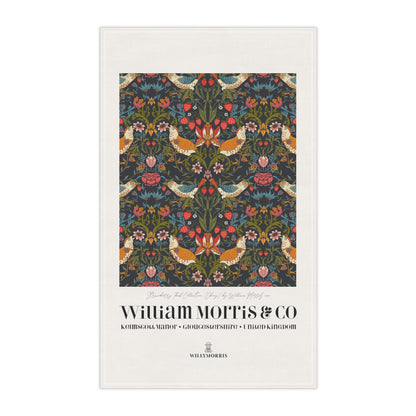 Kitchen Tea Towel designed by William Morris & Co in a red, blue, green and yellow floral pattern called Strawberry Thief Collection - Art Print on a Tea Towel
