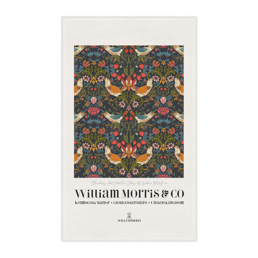 Kitchen Tea Towel designed by William Morris & Co in a red, blue, green and yellow floral pattern called Strawberry Thief Collection - Art Print on a Tea Towel