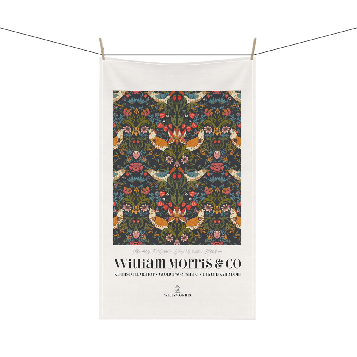 Kitchen Tea Towel designed by William Morris & Co in a red, blue, green and yellow floral pattern called Strawberry Thief Collection - Art Print on a Tea Towel